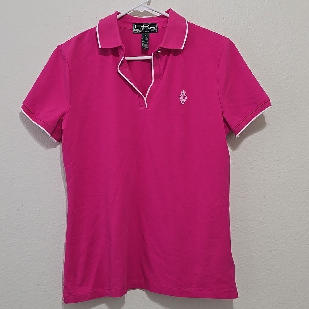 Lauren Ralph Lauren L-RLActive Women Sz M Pink Keyhole Polo Golf Top Crest Logo